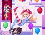  american_flag_dress american_flag_legwear asymmetrical_gloves balloon blonde_hair clownpiece hat hat_bell highres jester jester_cap kappce long_hair multicolored_clothes multicolored_headwear pomni_(the_amazing_digital_circus) star_(symbol) star_print the_amazing_digital_circus touhou window_(computing) 