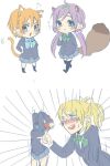  4girls :3 ahoge animal_ears ayase_eli black_socks black_thighhighs blazer blonde_hair blue_bow blue_bowtie blue_eyes blue_jacket blue_skirt blush bow bowtie cat_ears cat_girl cat_tail chibi closed_mouth collared_shirt commentary_request cowboy_shot fang finger_gun green_bow green_bowtie green_eyes hair_ornament hair_scrunchie hands_on_own_head hands_on_own_hips hoshizora_rin index_finger_raised jacket kashikaze kemonomimi_mode kneehighs leaf leaf_on_head long_hair long_sleeves looking_at_viewer love_live! love_live!_school_idol_project low_twintails multiple_girls nishikino_maki open_mouth orange_hair otonokizaka_school_uniform pleated_skirt pointing ponytail purple_hair raccoon_ears raccoon_girl raccoon_tail redhead school_uniform scrunchie shirt short_hair simple_background skirt socks sweatdrop tail teeth thigh-highs toujou_nozomi twintails upper_teeth_only white_background white_shirt yellow_eyes zettai_ryouiki 