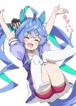  1girl :d absurdres ahoge animal_ears aqua_hair arms_behind_back black_ribbon blue_hair closed_eyes crossed_bangs drill_hair facing_viewer floating hair_ribbon highres horse_ears horse_girl horse_tail knees_up long_hair miniskirt multicolored_hair no_shoes open_mouth pleated_skirt puffy_short_sleeves puffy_sleeves purple_shirt red_shorts ribbon saburo_(zwzf5873) sailor_collar school_uniform sharp_teeth shirt short_sleeves shorts shorts_under_skirt simple_background skirt smile solo tail teeth thigh-highs tracen_school_uniform translated twin_turbo_(umamusume) twintails two-tone_hair umamusume white_background white_sailor_collar white_shirt white_thighhighs 
