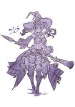  1girl boots broom commentary detached_sleeves granblue_fantasy hat highres holding holding_broom holding_polearm holding_weapon monochrome polearm pumpkin_mask shimatani_azu smile stomach thigh_boots thighs twintails vaseraga weapon witch_hat zeta_(granblue_fantasy) 