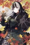  autumn_leaves black_choker black_dress black_gloves black_hair blue_eyes blunt_bangs choker dress gloves gothic_lolita grey_hair hand_fan highres holding holding_fan hololive hololive_dev_is juufuutei_raden lace-trimmed_choker lace_trim lolita_fashion looking_at_viewer multicolored_hair paper_fan sidelocks smile solo streaked_hair virtual_youtuber yanu 