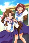  2girls ;d absurdres baseball_mitt blue_skirt blunt_bangs blush brown_hair hair_ornament hair_ribbon handkerchief highres long_hair looking_at_viewer multiple_girls nyantype ogasawara_akiko one_eye_closed pink_ribbon ribbon school_uniform short_hair skirt smile suzukawa_koume taishou_yakyuu_musume 