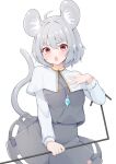  1girl animal_ears black_skirt black_vest blush capelet dowsing_rod grey_capelet grey_hair hair_between_eyes jewelry long_sleeves looking_at_viewer mouse_ears mouse_tail nazrin open_mouth pendant red_eyes rururiaru shirt short_hair simple_background skirt solo tail touhou vest white_background white_shirt 