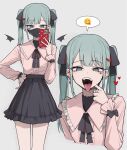  1girl bandaid bandaid_on_neck black_mask black_nails black_skirt blood blood_on_face blue_eyes cellphone ear_piercing emoji grey_background hair_ornament hair_ribbon hairclip hand_on_own_hip hatsune_miku highres holding holding_phone jewelry long_hair long_sleeves looking_at_viewer mask mask_pull multiple_views nail_polish open_mouth phone piercing ribbon simple_background skirt smartphone tanosii_chan twintails vampire_(vocaloid) vocaloid 