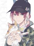  animal animal_ears animal_hat baseball_cap black_headwear blue_eyes bow bowtie brown_hair camouflage camouflage_jacket cat collared_shirt dress_shirt ebira fake_animal_ears hair_between_eyes hat holding holding_animal jacket jewelry long_sleeves nail_polish open_clothes open_jacket original puffy_long_sleeves puffy_sleeves purple_nails ring shirt simple_background sleeves_past_wrists solo upper_body white_background white_shirt yellow_bow yellow_bowtie 