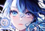  1girl 58_(opal_00_58) blue_eyes blue_hair commentary crystal_eye english_commentary eye_focus hair_between_eyes heterochromia highres looking_at_viewer original parted_lips portrait ripples short_hair solo violet_eyes 