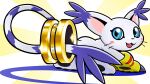  :3 artist_request cat digimoji digimon digimon_(creature) glint gloves holy_ring looking_at_viewer looking_back no_humans official_art pawpads striped_tail tail tailmon 