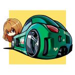  1girl absurdres aisaka_taiga blue_ribbon border brown_eyes brown_hair car castrol duz english_commentary hair_between_eyes highres jacket leaning_forward motor_vehicle oohashi_high_school_uniform perspective pontiac pontiac_solstice red_jacket ribbon school_uniform shirt sports_car stance_(vehicle) toradora! vehicle_focus white_border white_shirt yellow_background 