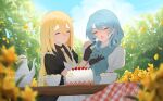  blonde_hair blue_hair blush cake closed_eyes closed_mouth dandelion feeding flower food highres julie koga_twin_(female) maid open_mouth original picnic tatara_kogasa tea touhou 