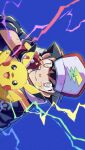  1boy ash_ketchum bandaid baseball_cap black_hair blue_background hat highres holding holding_poke_ball holding_pokemon looking_at_viewer pikachu poke_ball pokemon pokemon_(anime) pokemon_(creature) simple_background smile symbol-shaped_pupils tuze111 upper_body 