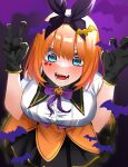  1girl airo alternate_costume aqua_eyes bat_(animal) bat_hair_ornament black_gloves black_ribbon black_skirt blush bow center_frills commentary cowboy_shot eyebrows_hidden_by_hair eyelashes fangs frills gloves go-toubun_no_hanayome hair_between_eyes hair_ornament hair_ribbon halloween halloween_costume hands_up heart heart_on_cheek highres leaning_forward looking_at_viewer medium_hair miniskirt nakano_yotsuba open_mouth orange_hair paw_pose pink_bow purple_background ribbon shirt simple_background skirt smile solo standing straight_hair teeth v-shaped_eyebrows white_shirt wing_collar 