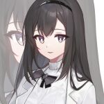  1girl arknights black_bow black_hairband bow brown_eyes brown_hair commentary_request hairband jacket long_hair long_wuxian looking_at_viewer open_clothes open_jacket parted_lips priestess_(arknights) shirt solo turtleneck upper_body white_background white_jacket white_shirt 