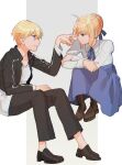  1boy 1girl ahoge artoria_pendragon_(fate) black_footwear black_jacket black_pants blonde_hair blue_ribbon blue_skirt boots brown_footwear collared_shirt cropped_jacket expressionless fate/stay_night fate_(series) finger_to_another&#039;s_nose gilgamesh_(fate) green_eyes hair_bun hair_ribbon high-waist_skirt jacket looking_at_another momoka_(abc_momoka0718) neck_ribbon pants red_eyes ribbon saber shirt sitting skirt smile two-tone_background white_shirt 