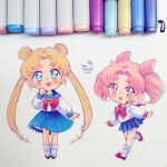  2021 2girls artist_name bishoujo_senshi_sailor_moon blonde_hair blue_eyes bow chibi chibi_usa commentary_request cone_hair_bun double_bun drill_hair drill_sidelocks earrings hair_bun heart highres ibi_chuan jewelry long_hair long_sleeves marker_(medium) medium_skirt miniskirt multiple_girls open_mouth photo_(medium) pink_eyes pink_hair pleated_skirt puffy_long_sleeves puffy_sleeves red_bow school_uniform serafuku sidelocks signature skirt smile spanish_commentary tongue tongue_out traditional_media tsukino_usagi twintails very_long_hair 