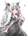 1girl anchovy_(girls_und_panzer) artist_name black_cape black_dress black_ribbon cape closed_mouth commentary cowboy_shot dress drill_hair girls_und_panzer green_hair hair_ribbon heart long_hair looking_at_viewer medium_dress red_eyes ribbon simple_background smile solo standing twin_drills twintails vri_(tinder_box) white_background 