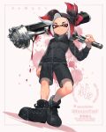  1boy artist_name black_footwear black_shorts black_sweater commentary_request commission dynamo_roller_(splatoon) grey_shirt highres holding holding_weapon inkling inkling_boy jinkobanana paint paint_roller ponytail red_eyes redhead sample_watermark shirt shoes short_hair shorts sidelocks simple_background solo splatoon_(series) sweater watermark weapon white_background 