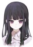  1girl absurdres ascot black_hair blunt_bangs closed_mouth collared_shirt commentary_request expressionless highres hime_cut inu_x_boku_ss long_hair looking_to_the_side shirakiin_ririchiyo shirt simple_background solo upper_body violet_eyes white_ascot white_background white_shirt yagiusagi 