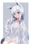  1girl absurdres amato_0321 animal_ears blue_eyes breasts fox_ears fox_girl fox_tail highres hololive hood hood_down hoodie invisible_chair long_hair long_sleeves looking_at_viewer medium_breasts no_pants shirakami_fubuki sitting tail virtual_youtuber white_hair white_hoodie 