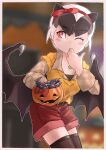  1girl absurdres animal_ears bat_ears bat_girl bat_wings belt black_belt black_hair black_thighhighs blush bow collarbone cookie cowboy_shot daito_fruit_bat_(kemono_friends) extra_ears finger_in_own_mouth food grey_hair hair_bow halloween halloween_bucket highres jewelry kemono_friends long_sleeves multicolored_hair necklace one_eye_closed plaid plaid_shirt red_bow red_eyes red_shorts shirt short_hair short_sleeves shorts solo sweater thigh-highs toriny white_hair wings yellow_shirt yellow_sweater 