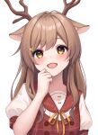  1girl :d animal_ear_fluff animal_ears antlers blush brown_dress brown_eyes brown_hair brown_ribbon brown_sailor_collar commentary_request copyright_request deer_antlers deer_ears deer_girl dress flower hair_flower hair_ornament hairclip hand_up highres looking_at_viewer neck_ribbon pink_flower puffy_short_sleeves puffy_sleeves ribbon sailor_collar shirt short_sleeves simple_background sleeveless sleeveless_dress smile solo upper_body virtual_youtuber white_background white_shirt ym_(distance819) 