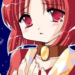  1girl 2000s_(style) arcturus bad_id blue_background blush bob_cut brown_choker choker emily_(pure_dream) looking_at_viewer lowres maria_kates oekaki open_mouth portrait red_eyes red_hair red_shirt shirt short_hair signature solo 