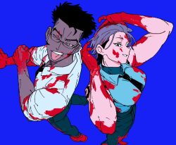  1boy 1girl ;p arms_behind_head arms_up back-to-back bare_shoulders biceps black_necktie blood blood_on_clothes blood_on_face blood_on_hands breasts brown_hair collared_shirt dark-skinned_male dark_skin dress_shirt formal_clothes glasses hair_slicked_back hands_in_own_hair highres holding holding_own_hair kirima_(peke07777) looking_at_viewer muscular muscular_female necktie one_eye_closed original pants peke07777 shirt short_hair shoulder_tattoo sleeveless sleeveless_shirt sleeves_rolled_up smile smirk smug suit_pants tattoo tight_clothes tongue tongue_out v-shaped_eyebrows white_shirt 