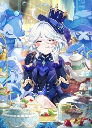  1girl :t absurdres ahoge black_gloves black_hair black_jacket blue_hair blue_hat blush cake closed_eyes closed_mouth cupcake food furina_(genshin_impact) genshin_impact gentilhomme_usher gloves hair_between_eyes hat highres itsumono_katze jacket jewelry long_sleeves mademoiselle_crabaletta medium_hair multicolored_hair neuvillette_(genshin_impact) smile solo streaked_hair surintendante_chevalmarin symbol-shaped_pupils teapot top_hat vision_(genshin_impact) white_gloves white_hair 