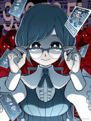  1girl absurdres adjusting_eyewear aruke_(gter7727) blue_hair breasts bright_pupils center_frills collared_shirt commentary_request floating_card frilled_shirt frilled_sleeves frills fukurai_azami glasses hands_on_eyewear hands_up highres limited_palette long_sleeves looking_at_viewer medium_breasts neck_ribbon puffy_long_sleeves puffy_sleeves ribbon shirt short_hair solo toshi_densetsu_kaitai_center upper_body vest 