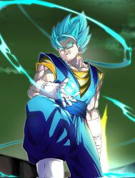  1boy arm_blade blue_eyes blue_hair blue_pants blue_shirt dougi dragon_ball dragon_ball_super gloves highres medium_hair pants pocagraffiti shirt solo spiky_hair super_saiyan super_saiyan_blue vegetto weapon white_gloves 
