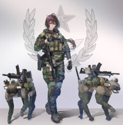  1girl absurdres assault_rifle black_gloves brown_eyes brown_hair camouflage full_body g&amp;k-cmdr gloves gun highres knee_pads load_bearing_vest magazine_(weapon) military_combat_uniform military_uniform non-humanoid_robot original people's_liberation_army qbz-191 rifle robot robot_animal robot_dog solo suppressor tactical_clothes weapon 