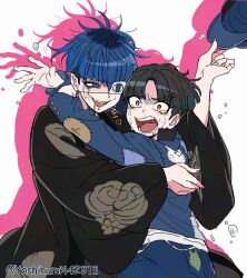  2boys arms_around_neck black_hair black_haori black_roots blue_eyes blue_hair blunt_bangs commentary crying face_piercing grin haori hat highres holding holding_unworn_clothes holding_unworn_hat japanese_clothes lip_piercing looking_at_another looking_at_viewer male_focus maruko_gaku multiple_boys no_headwear omokage_yugamu patch piercing print_eyepatch red_eyes saliva smile snot striped_blush tearing_up the_hundred_line_-last_defense_academy- twitter_username unworn_hat unworn_headwear yell yoshihumi442313 