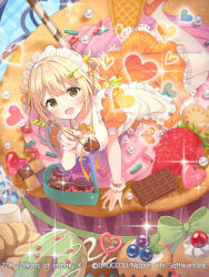  1girl apron blonde_hair box box_of_chocolates cake cana_(z/x) candy chocolate cookie copyright_notice doughnut dress feathered_wings food fork frilled_wrist_cuffs frills fruit green_wings hair_ornament hairclip heart heart-shaped_chocolate heart-shaped_food holding holding_fork looking_at_viewer lying maid_apron maid_headdress official_art open_mouth orange_dress orange_shoes serino_itsuki shoes solo sparkle strawberry sweets two_side_up wings wrist_cuffs yellow_eyes z/x 