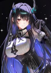  1girl asymmetrical_horns black_background black_hair black_horns blue_hair breasts highres hololive hololive_english horns large_breasts multicolored_hair nerissa_ravencroft nerissa_ravencroft_(1st_costume) rikako0229 shirt simple_background smile solo two-tone_hair uneven_horns upper_body violet_eyes virtual_youtuber white_shirt 