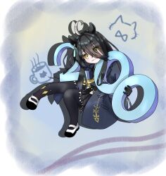  1girl ahoge animal_ears black_coat black_gloves black_pantyhose black_shirt black_skirt cat chibi closed_mouth coat cup ear_ornament ear_tag earrings gloves hair_between_eyes highres horse_ears horse_girl jewelry long_bangs long_hair_between_eyes long_sleeves manhattan_cafe_(creeping_black)_(umamusume) manhattan_cafe_(umamusume) milestone_celebration multicolored_hair necktie pantyhose pleated_skirt sango0707315 shirt shoes single_earring skirt smile solo umamusume white_hair white_shoes yellow_eyes yellow_necktie 