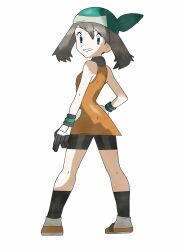  1girl absurdres bandana bike_shorts bike_shorts_under_shorts black_shorts black_socks blue_eyes brown_hair gloves green_bandana highres looking_at_viewer may_(pokemon) orange_shirt pokemon pokemon_rse shirt shoes short_hair shorts socks teeth white_shoes 