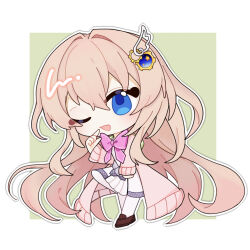  1girl 9-nine- ;d absurdly_long_hair blue_eyes blush border bow bowtie brown_hair brown_shoes cardigan chibi chibi_only chinese_commentary commentary dress full_body gear_hair_ornament green_background hair_between_eyes hair_intakes hair_ornament hakusen_academy_school_uniform hand_up index_finger_raised kujou_miyako loafers long_hair long_sleeves looking_at_viewer one_eye_closed open_cardigan open_clothes open_mouth outline outside_border pink_bow pink_bowtie pink_cardigan pleated_dress school_uniform shoes sidelocks simple_background smile solo standing star_(symbol) star_print thigh-highs user_vzpm3225 very_long_hair white_border white_dress white_outline white_thighhighs wing_hair_ornament 