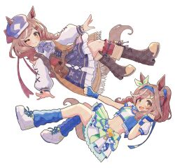  animal_ears belt_bag blue_hat ear_covers ear_ornament ears_through_headwear ei_ei_mun! hair_ornament hairclip hat highres horse_ears horse_girl horse_tail matikanetannhauser_(blue_turbulence)_(umamusume) matikanetannhauser_(panpaka_tiltott)_(umamusume) matikanetannhauser_(umamusume) medium_hair multicolored_hair nenbutsu_0416 newsboy_cap streaked_hair tail tilted_headwear umamusume 
