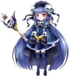  1990s_(style) absurdly_long_hair arms_at_sides bell_sleeves black_bonnet black_bow black_cape black_shoes blue_dress blue_hair blue_thighhighs bonnet bow brooch cape closed_mouth deformed dot_mouth dress etanya_(madou_monogatari) expressionless flat_chest frilled_thighhighs frills full_body gothic_lolita hair_bow hair_ornament holding holding_staff jewelry layered_sleeves lolita_fashion long_hair long_sleeves looking_at_viewer madou_monogatari mary_janes official_art pleated_dress puyopuyo red_eyes retro_artstyle shoes short_over_long_sleeves short_sleeves simple_background skull_brooch skull_hair_ornament skull_staff staff standing tachi-e thigh-highs third-party_source twintails very_long_hair white_background 
