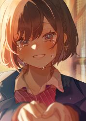  1girl absurdres blue_jacket blurry blush bow braid brown_eyes brown_hair collared_shirt commentary crying crying_with_eyes_open depth_of_field diagonal-striped_bow eyelashes grin happy_tears highres jacket long_sleeves looking_at_viewer portrait pov pov_hands project_sekai school_uniform shinonome_ena shirt short_hair side_braid sidelighting smile solo_focus striped_bow sunlight tears teeth tehnyo watermark 