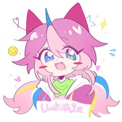  1girl :3 :d animal_ears bandana bandana_around_neck blonde_hair blue_eyes blue_hair blush_stickers cat_ears character_name chinese_commentary commentary_request cropped_shoulders emoqiao eyes_visible_through_hair fang green_bandana hair_between_eyes heart hood hood_down hooded_jacket jacket long_hair looking_at_viewer low_twintails multicolored_hair no_sclera open_clothes open_jacket open_mouth personification pink_hair pink_jacket pink_shirt princess_unikitty shirt simple_background slit_pupils smile solo streaked_hair swept_bangs the_lego_group the_lego_movie twintails unicorn_horn white_background white_hood 