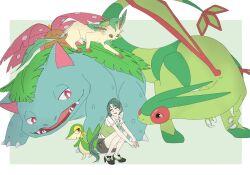  1girl :d black_shoes border bright_pupils brown_eyes brown_fur claws dragon fangs flygon full_body green_background green_fur green_hair green_vest green_wings grey_shorts highres leaf leafeon looking_at_another open_mouth pokemon pokemon_(creature) ponytail pp_7762 red_eyes shirt shoes shorts simple_background smile snake snivy squatting standing venusaur vest white_background white_border white_pupils white_shirt wings yellow_fur 