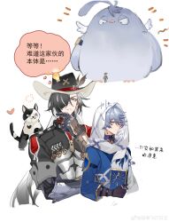  !? 2boys abs absurdres animal animalization artist_name bird black_hair black_hat black_shrug blue_bird blue_hair blue_shirt book boothill_(honkai:_star_rail) brown_gloves cat chinese_commentary chinese_text closed_mouth colored_bangs colored_speech_bubble commentary_request cowboy cowboy_hat cropped_torso cyborg drooling earrings expressionless fang fang_out feathered_wings glaring gloom_(expression) gloves hair_between_eyes hair_over_one_eye hand_on_own_chin hat heart height_difference highres holding holding_book honkai:_star_rail honkai_(series) hood hood_up imagining jewelry light_bulb long_bangs long_hair long_sleeves male_focus mechanical_arms mole mole_under_eye multicolored_hair multiple_boys multiple_moles multiple_rings notice_lines one_eye_covered oversized_animal person_and_animalization print_hood qing ring saliva sheriff_badge shirt short_sleeves shrug_(clothing) simple_background simplified_chinese_text size_difference sleeve_zipper speech_bubble squeans stroking_own_chin sunday_(honkai:_star_rail) thinking thorn_print thought_bubble thumb_ring translation_request turtleneck tuxedo_cat two-tone_hair watermark weibo_watermark white_background white_hair white_hood white_wings wings yellow_eyes zipper zipper_pull_tab 