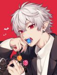  1boy black_jacket candy earrings fangs food highres holding holding_candy holding_food holding_lollipop jacket jewelry kuzuha_(nijisanji) lollipop long_sleeves male_focus mitsurugi_sugar mole mole_under_eye nijisanji pointy_ears red_background red_eyes simple_background solo vampire virtual_youtuber white_hair 