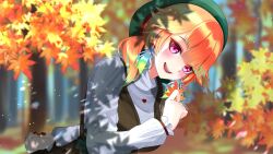  1girl :d autumn_leaves blush earrings feather_earrings feathers green_hat grey_sweater hand_up hat highres hololive hololive_english hrk_itoshi jewelry leaf light_particles looking_at_viewer orange_hair red_nails smile solo sweater takanashi_kiara takanashi_kiara_(winter_casual) turtleneck turtleneck_sweater violet_eyes virtual_youtuber 