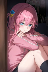  1girl absurdres arms_on_knees black_skirt black_socks blue_eyes blush bocchi_the_rock! breasts closed_mouth crossed_arms cube_hair_ornament gotoh_hitori hair_ornament hiding highres hini_ni jacket knees_up looking_at_viewer medium_breasts one_side_up pink_hair pink_jacket sitting skirt socks solo track_jacket 