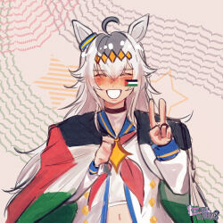  1girl absurdres ahoge animal_ears blue_eyes blue_sailor_collar brooch ear_covers ear_ornament exocorpse grey_hair hair_between_eyes highres horse_ears horse_girl jewelry long_hair long_sleeves multicolored_hair neckerchief oguri_cap_(starlight_beat)_(umamusume) oguri_cap_(umamusume) palestine red_neckerchief sailor_collar shirt star_brooch umamusume umamusume:_cinderella_gray white_shirt 