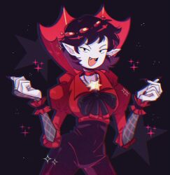  adventure_time black_bow black_bowtie black_hair black_pants bow bowtie colored_skin fangs fingernails grey_skin highres jewelry looking_at_viewer marceline_abadeer medium_hair necklace pants pichichustudio pointy_ears red_shirt sharp_fingernails shirt six_pointed_star smile vampire wrist_cuffs 