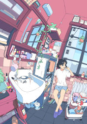  1girl akabane_1999 arm_support bar_soap bathroom black_hair blue_eyes blue_shoes blue_shorts brushing_teeth cart commentary_request crocs cup faucet fisheye flat_chest hand_up hanging_plant highres holding holding_toothbrush indoors jpeg_artifacts mirror morning mug on_stool original plant reflection shelf shirt shoes short_hair short_sleeves shorts sink sitting slice_of_life solo space_heater t-shirt tile_wall tiles toilet_paper toothbrush towel unworn_wristwatch vines watch watch white_shirt window 