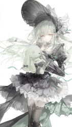  1girl absurdres arknights bang_dream! bang_dream!_it&#039;s_mygo!!!!! black_bonnet black_dress black_gloves black_thighhighs bonnet closed_mouth commentary dress gloves green_hair hair_ornament highres long_hair looking_at_viewer luozhou_pile sidelocks simple_background solo stuffed_animal stuffed_rabbit stuffed_toy thigh-highs wakaba_mutsumi wakaba_mutsumi_(marionette&#039;s_id) white_background x_hair_ornament yellow_eyes zettai_ryouiki 
