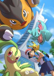  1boy ash_ketchum backpack bag baseball_cap bayleef black_hair blue_jacket blue_shorts blue_sky brown_eyes closed_mouth crossed_arms day fangs grin hat highres jacket leaf lumiose_city on_shoulder open_clothes open_jacket open_mouth pignite pikachu pokemon pokemon_(anime) pokemon_(creature) pokemon_journeys pokemon_legends:_z-a pokemon_on_shoulder popped_collar prism_tower red_eyes red_hat sergiromero sharp_teeth shirt short_hair short_sleeves shorts sky sleeveless sleeveless_jacket smile starter_pokemon_trio tail teeth totodile white_shirt 